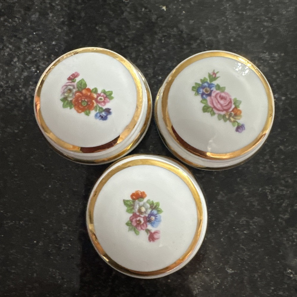 3 French Limoges Hand Painted Gold Trim Trinket Jewelry Box  Or Pill Case